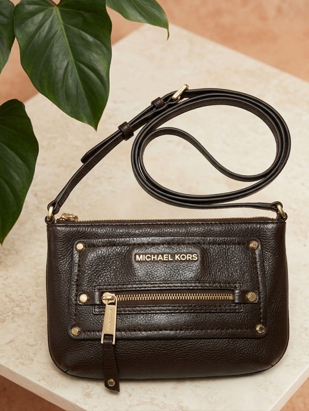 Michael Kors Jet Set Bag Brown Pebbled Leather Crossbody Minimalist